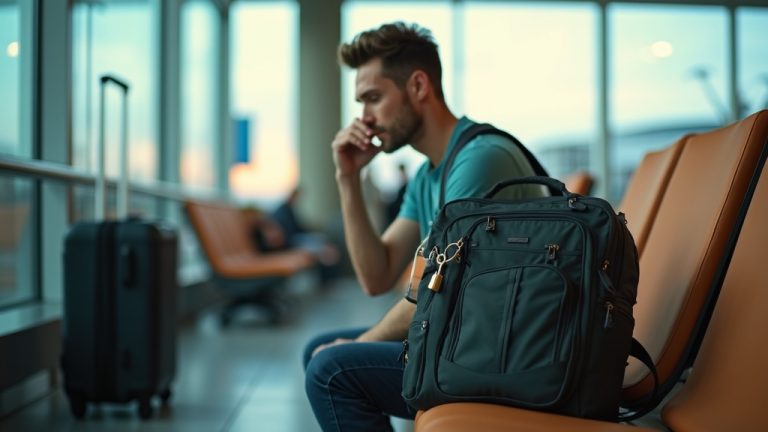 A traveler in an airport lounge considers locking their backpack, surrounded by luggage and travel gear under mixed lighting.