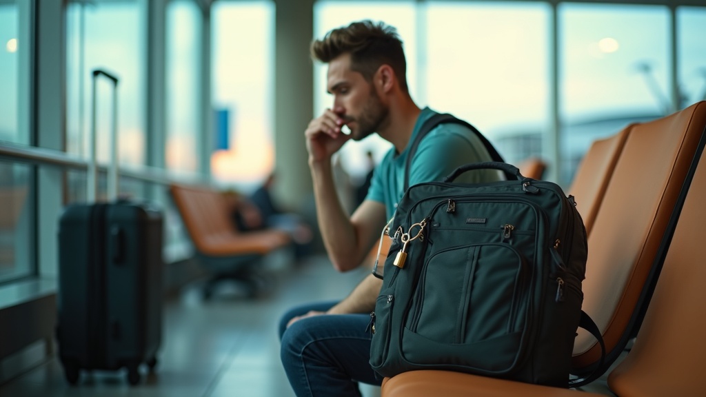 A traveler in an airport lounge considers locking their backpack, surrounded by luggage and travel gear under mixed lighting.