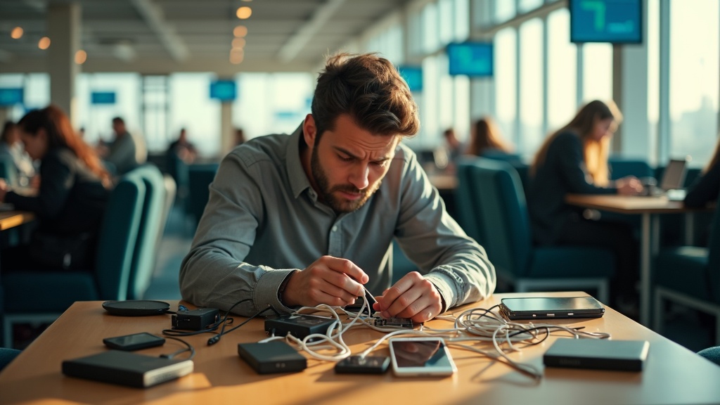 A traveler in an airport lounge sorting through multiple power banks and tangled cables, showing visible frustration amid a busy, warmly lit environment with departure screens in the background.