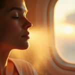 Passenger seated by an airplane window applying face mist, sunlight highlighting the hydrating mist in the cabin interior.