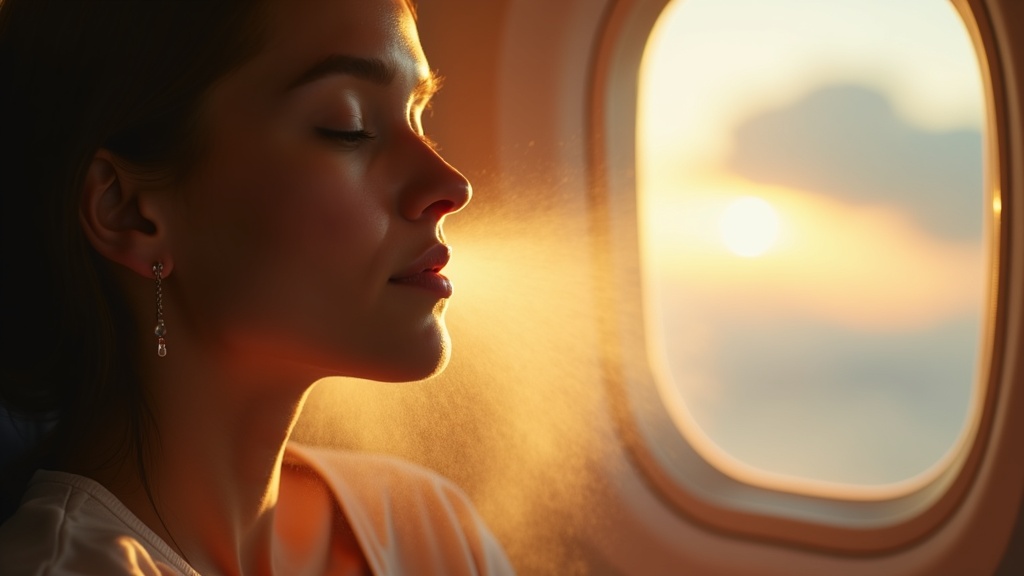 Passenger seated by an airplane window applying face mist, sunlight highlighting the hydrating mist in the cabin interior.