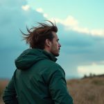 Traveler on a windy hilltop adjusting a green jacket, with layered clothing visible and dramatic sky illustrating readiness for changing weather.