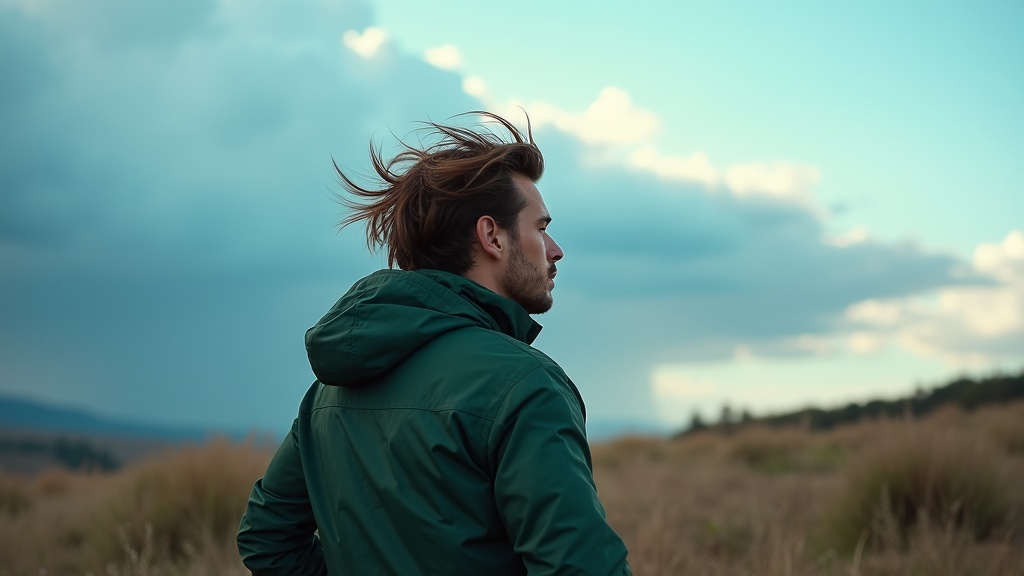 Traveler on a windy hilltop adjusting a green jacket, with layered clothing visible and dramatic sky illustrating readiness for changing weather.