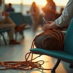 Traveler in an airport carefully coiling cords on their lap, surrounded by tangled cables spilling from an open bag, with warm sunlight highlighting a sense of order amid travel chaos.