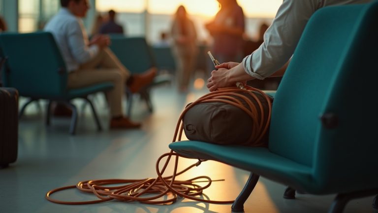 Traveler in an airport carefully coiling cords on their lap, surrounded by tangled cables spilling from an open bag, with warm sunlight highlighting a sense of order amid travel chaos.