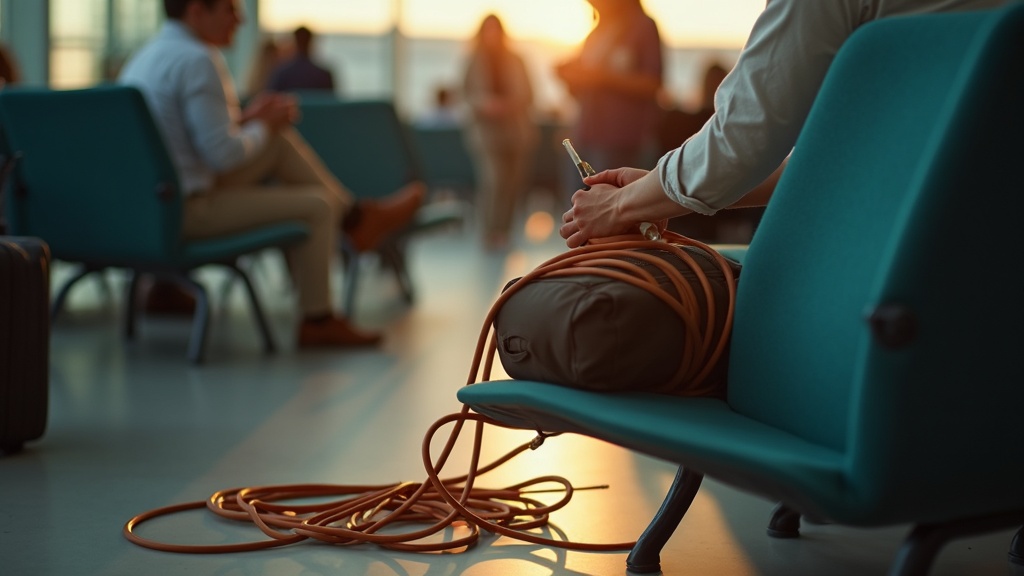 Traveler in an airport carefully coiling cords on their lap, surrounded by tangled cables spilling from an open bag, with warm sunlight highlighting a sense of order amid travel chaos.