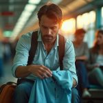 Traveler examining a shirt on a crowded train station platform, focused amid the movement of fellow passengers, highlighting the challenge of keeping clothes fresh during travel.
