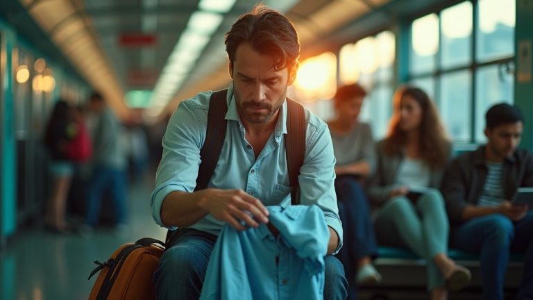 Traveler examining a shirt on a crowded train station platform, focused amid the movement of fellow passengers, highlighting the challenge of keeping clothes fresh during travel.