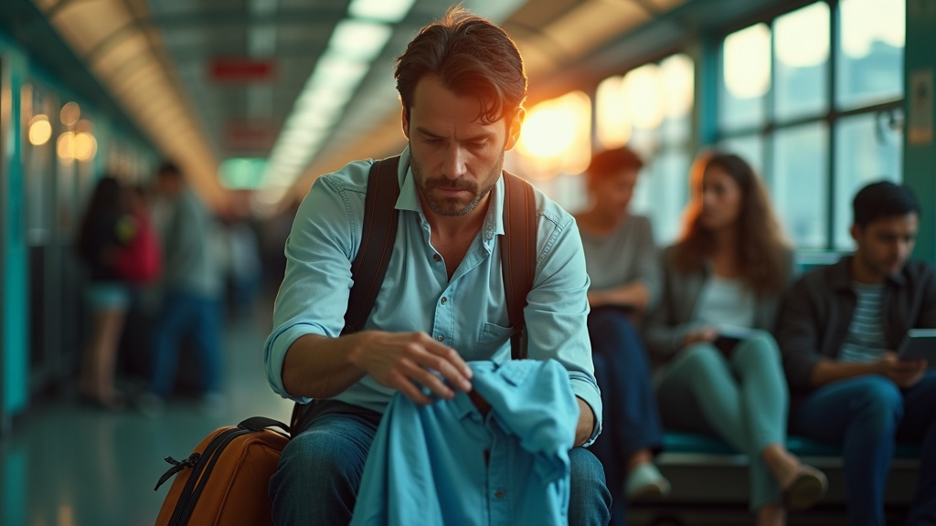 Traveler examining a shirt on a crowded train station platform, focused amid the movement of fellow passengers, highlighting the challenge of keeping clothes fresh during travel.