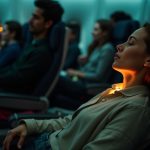 A relaxed airline passenger rests peacefully under a warm reading light, using an innovative sleep accessory amid a softly lit evening cabin scene.