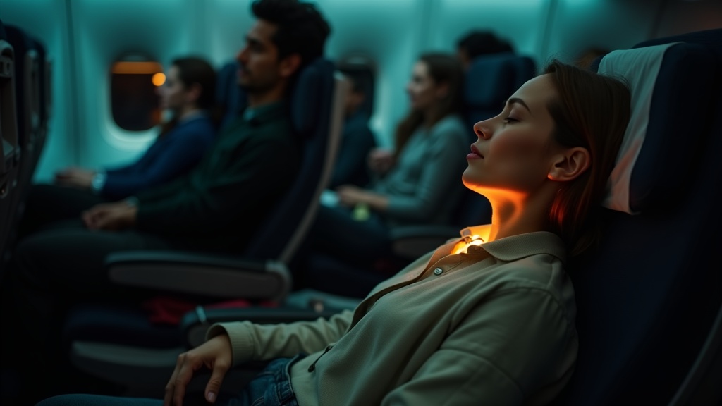 A relaxed airline passenger rests peacefully under a warm reading light, using an innovative sleep accessory amid a softly lit evening cabin scene.