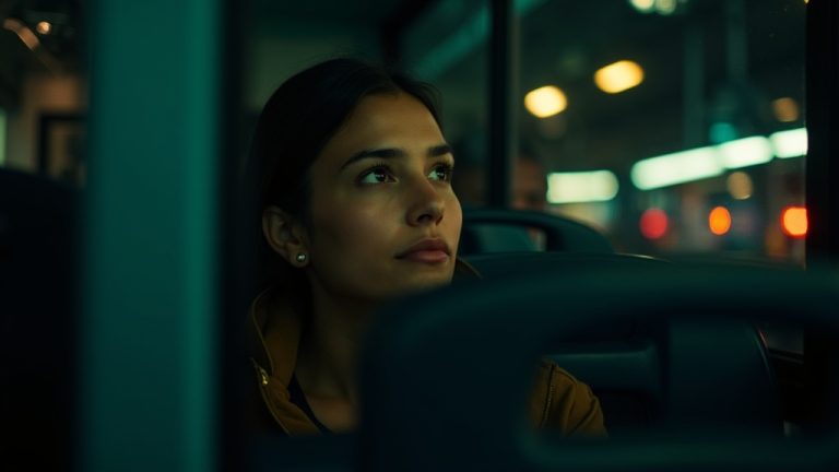 A traveler resting against the window of a dimly-lit overnight bus, illuminated by warm streetlights with city reflections and relaxed posture