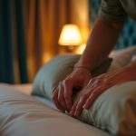 A traveler in their 30s arranges pillows on a neatly made bed in a warmly lit hotel room, with teal curtains and soft ambient lighting suggesting a relaxing evening routine.