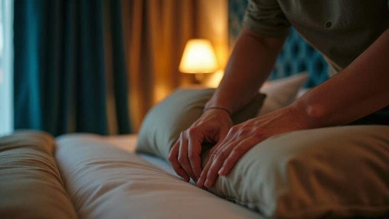 A traveler in their 30s arranges pillows on a neatly made bed in a warmly lit hotel room, with teal curtains and soft ambient lighting suggesting a relaxing evening routine.
