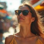 A traveler in breezy clothes enjoys relief from a compact fan in a lively sunlit market, eyes closed and relaxed amid swirling daylight and shade.