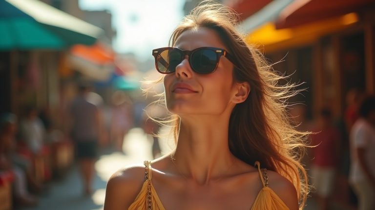 A traveler in breezy clothes enjoys relief from a compact fan in a lively sunlit market, eyes closed and relaxed amid swirling daylight and shade.