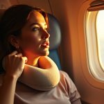 A woman sitting by the airplane window adjusts her neck pillow in warm sunlight, focusing on finding comfort during her flight.