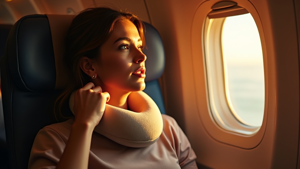 A woman sitting by the airplane window adjusts her neck pillow in warm sunlight, focusing on finding comfort during her flight.