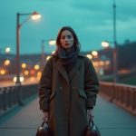 Traveler mid-step on a twilight bridge holding an urban backpack and rural duffel, city lights on one side and countryside on the other, reflecting on bag choice.
