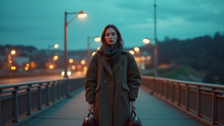 Traveler mid-step on a twilight bridge holding an urban backpack and rural duffel, city lights on one side and countryside on the other, reflecting on bag choice.