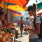 Traveler rinsing a reusable water bottle at a lively outdoor street market, focused amid colorful stalls and busy morning activity.