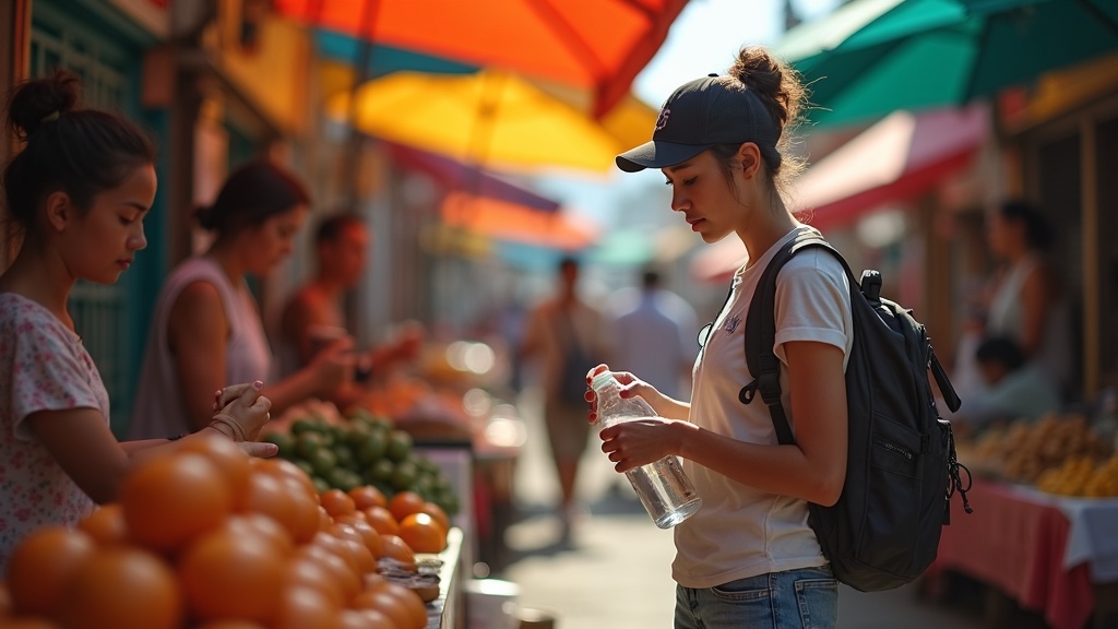 Traveler rinsing a reusable water bottle at a lively outdoor street market, focused amid colorful stalls and busy morning activity.