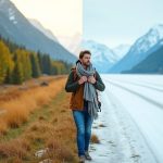 Traveler adjusting scarf while crossing between lush greenery and snowy terrain, highlighting preparation for rapid climate changes.