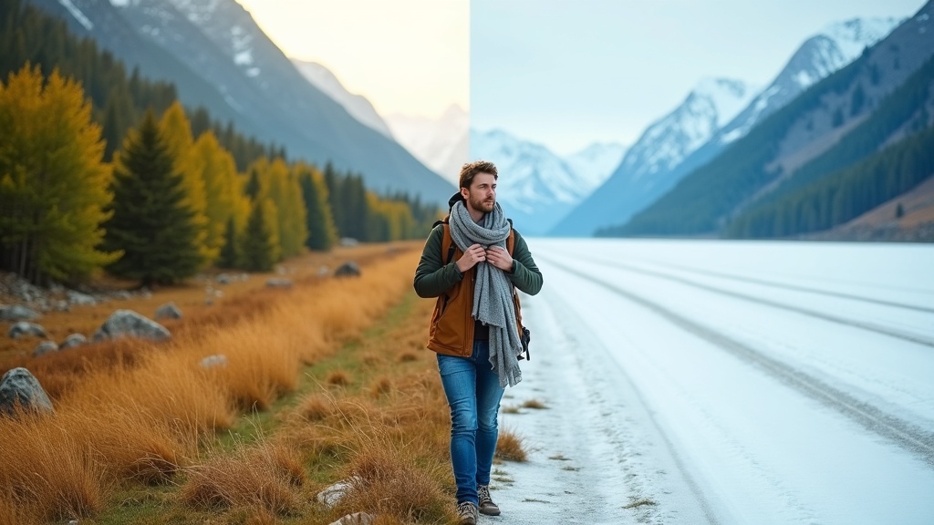 Traveler adjusting scarf while crossing between lush greenery and snowy terrain, highlighting preparation for rapid climate changes.