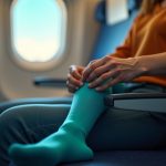 Traveler securing a teal compression sock on their calf inside an airplane with soft natural and cabin lighting highlighting the sock and hands.
