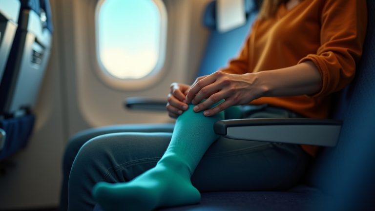 Traveler securing a teal compression sock on their calf inside an airplane with soft natural and cabin lighting highlighting the sock and hands.