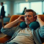 A traveler in an airport lounge readjusts their neck pillow with a thoughtful expression, surrounded by the motion and light of busy travel.