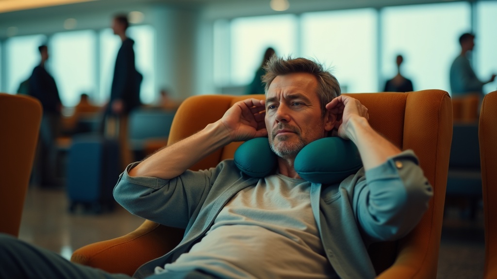 A traveler in an airport lounge readjusts their neck pillow with a thoughtful expression, surrounded by the motion and light of busy travel.