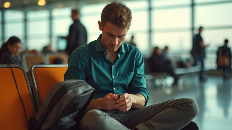 Traveler at airport gate organizing chargers and cables into a backpack, illuminated by afternoon light, with vibrant travel accessories and focused expression.