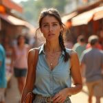 Female traveler confidently interacting at a busy outdoor market, carrying a discreet anti-theft bag amid colorful stalls and crowds.