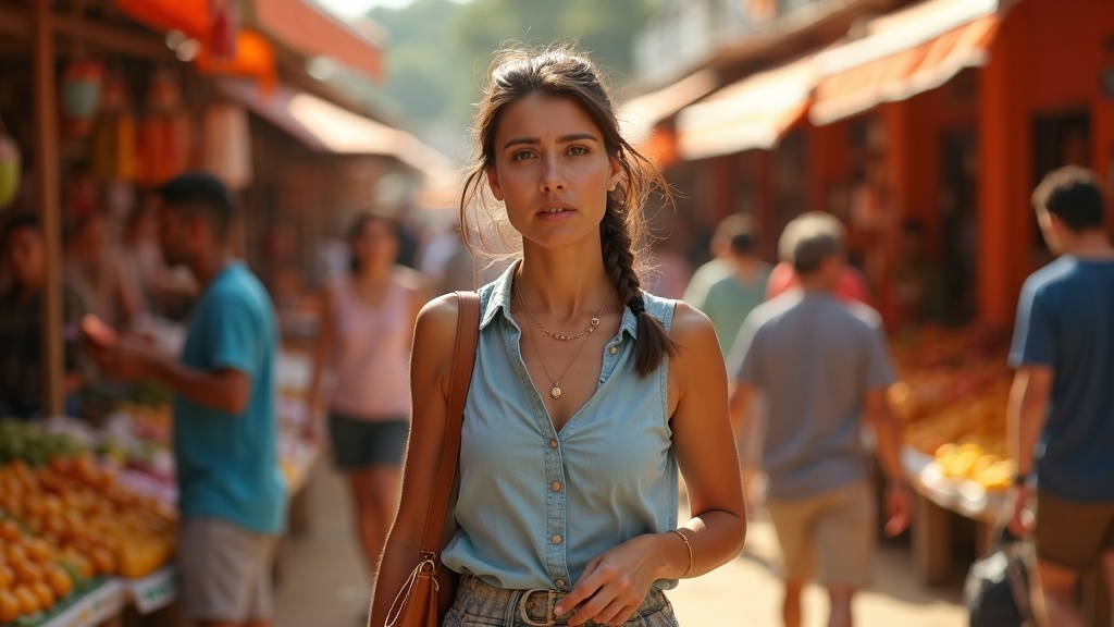 Female traveler confidently interacting at a busy outdoor market, carrying a discreet anti-theft bag amid colorful stalls and crowds.