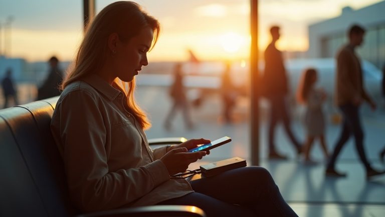 Traveler in an airport terminal using a phone and power bank, surrounded by multiple cables, with sunlight streaming through large windows and distant travelers in motion.
