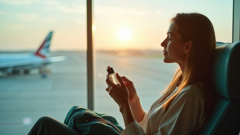 Woman using a facial mist while waiting in an airport lounge, illuminated by warm sunlight with airplanes visible through the window.