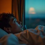 Young traveler resting in a softly lit overnight train berth, gazing toward the window as twilight contrasts with cabin light, capturing a calm moment amid train movement.