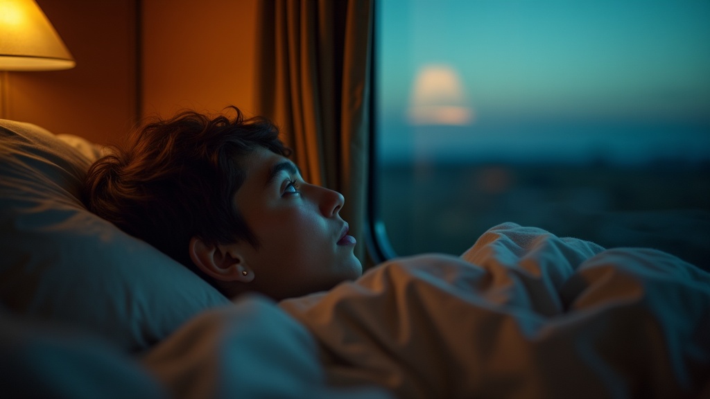 Young traveler resting in a softly lit overnight train berth, gazing toward the window as twilight contrasts with cabin light, capturing a calm moment amid train movement.