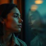 Traveler resting against a train window at night, illuminated by warm carriage lights, with eyes closed and a mix of tension and relaxation on their face.