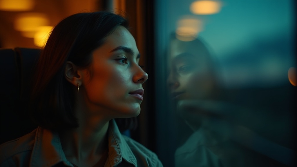 Traveler resting against a train window at night, illuminated by warm carriage lights, with eyes closed and a mix of tension and relaxation on their face.