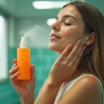 Traveler quietly enjoying a refreshing facial mist in an airport restroom, bathed in morning light with teal tiles and vibrant citrus colors.