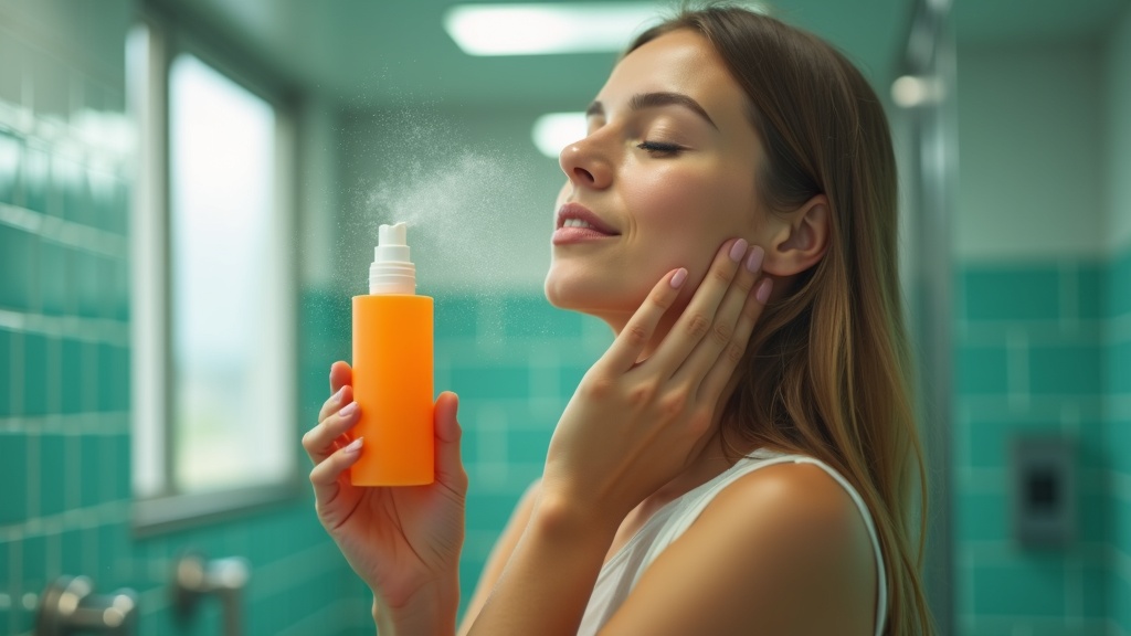 Traveler quietly enjoying a refreshing facial mist in an airport restroom, bathed in morning light with teal tiles and vibrant citrus colors.