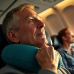 Passenger seated upright on a crowded plane adjusts a teal neck pillow, sunlight highlighting their face as they relax in a cramped cabin.
