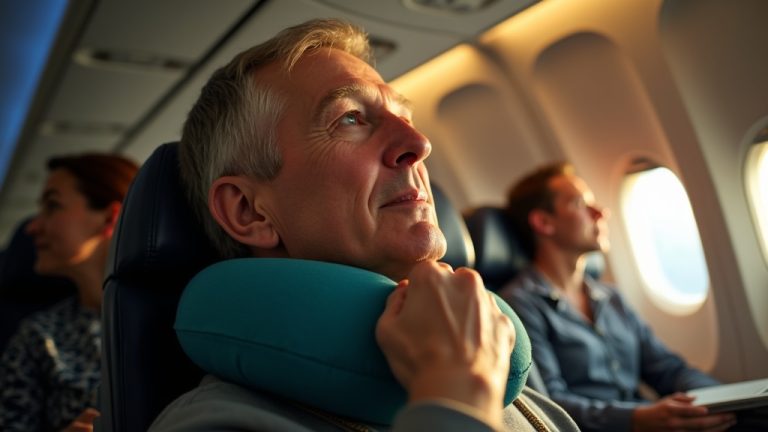 Passenger seated upright on a crowded plane adjusts a teal neck pillow, sunlight highlighting their face as they relax in a cramped cabin.