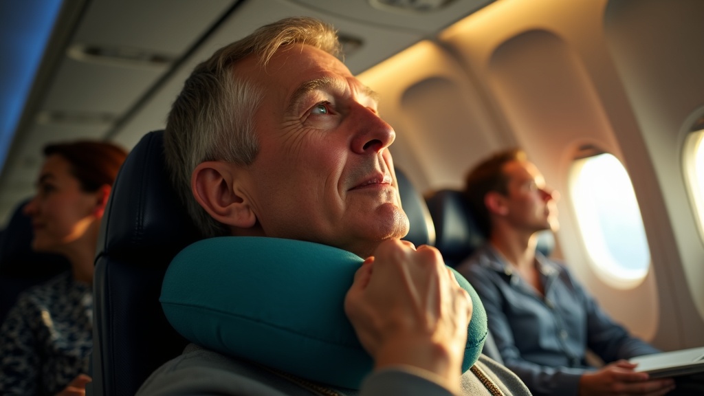 Passenger seated upright on a crowded plane adjusts a teal neck pillow, sunlight highlighting their face as they relax in a cramped cabin.