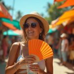 Traveler in a bustling tropical market using a hand fan and sipping a cold drink amid afternoon sunlight and cool shadows.