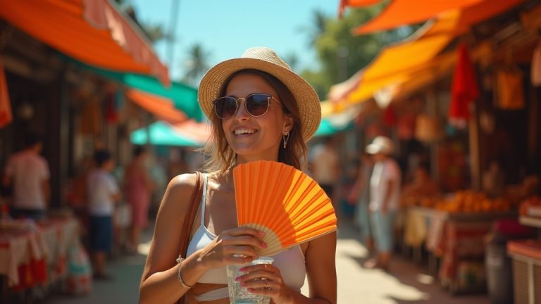 Traveler in a bustling tropical market using a hand fan and sipping a cold drink amid afternoon sunlight and cool shadows.