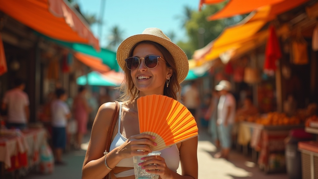 Traveler in a bustling tropical market using a hand fan and sipping a cold drink amid afternoon sunlight and cool shadows.
