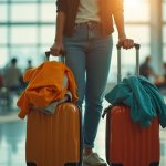 Traveler in a sunlit airport terminal contemplating two similar carry-on bags, with colorful clothing visible, capturing the challenge of practical packing decisions.